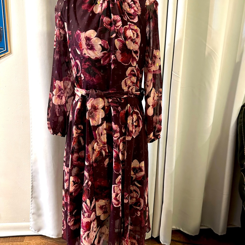 Dress size 12.  Burgundy with flowers.